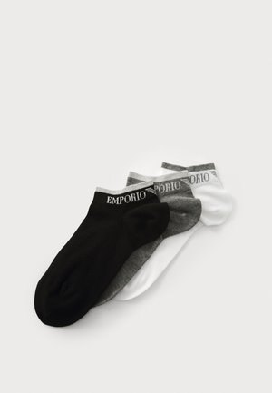 Three pairs of short socks in black, grey, and white. Each sock features a ribbed cuff with "EMPORIO" in a contrasting color. Smooth texture.