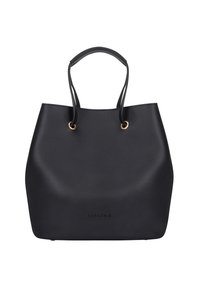 Black tote bag made of smooth synthetic material, featuring two handles, gold hardware accents, and a minimalist design with no visible patterns.