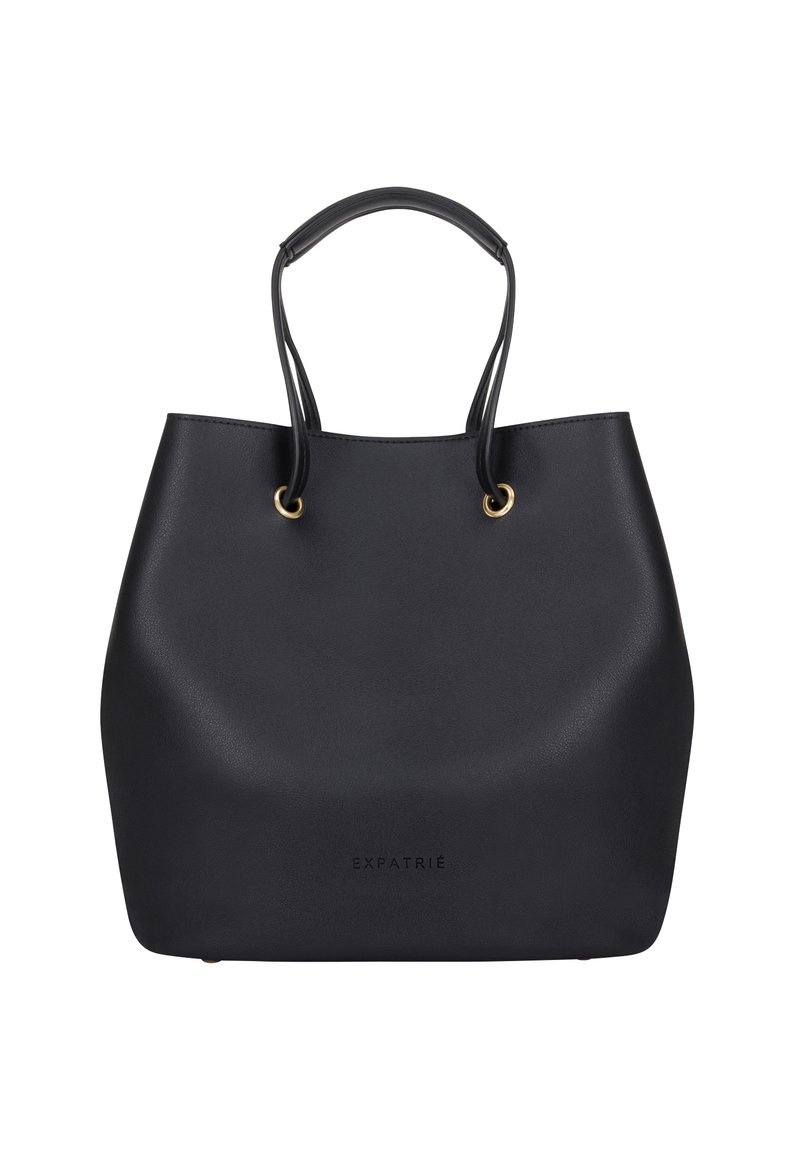 Black tote bag made of smooth synthetic material, featuring two handles, gold hardware accents, and a minimalist design with no visible patterns.