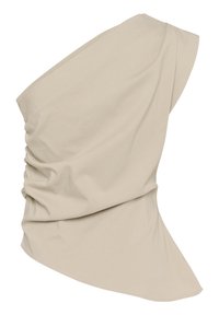 Asymmetrical top in soft beige fabric, featuring draped detailing on one side and a smooth, slightly textured finish.