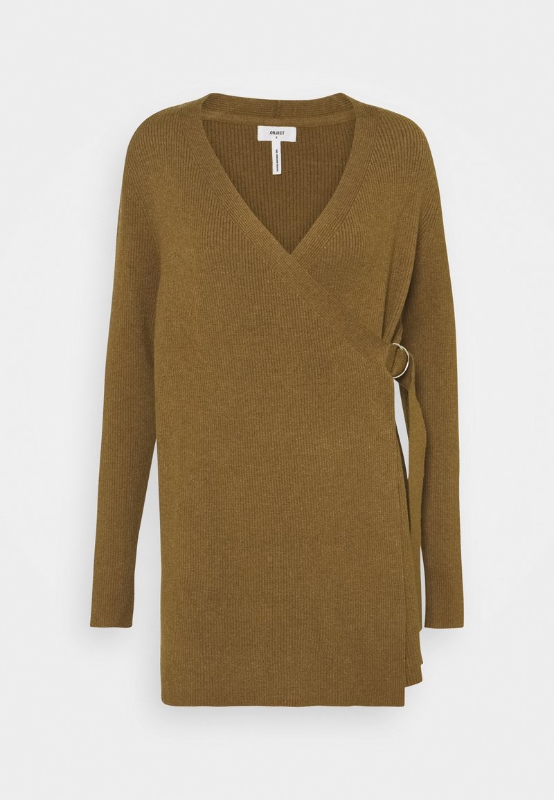 Pull cache-cœur à manches longues en maille côtelée vert olive, avec col en V et détail noué sur le côté avec fermeture par anneau métallique.