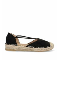 Espadrille de ante negro con puntera redondeada, suela de yute trenzado y cintas envolventes. Con detalle de trenzado de yute a lo largo de la suela.
