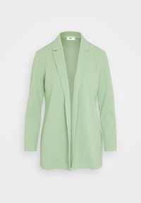 Ljusgrön kavaj med lång ärm, öppen front, avsmalnande design, slät textur och inga synliga knappar eller dekorationer.