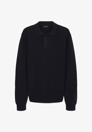 Navy blue knitted long-sleeve polo sweater with a ribbed texture, three-button placket, and a flat collar. No patterns or accents.