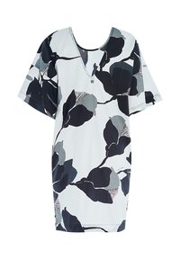 Abito corto a maniche corte con motivo floreale in tonalità di grigio e nero. Design a V con tessuto morbido e silhouette rilassata.