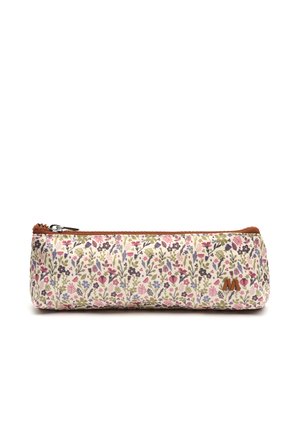 Obdĺžnikové puzdro na ceruzky so zipsovým zatváraním, zdobené viacfarebným kvetinovým vzorom na krémovom pozadí a malou hnedou logovou nášivkou.