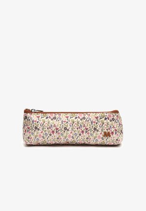 Estuche rectangular con cierre de cremallera, con un patrón floral multicolor sobre un fondo crema y un pequeño parche de logo marrón.