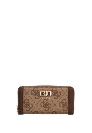 Portafoglio marrone Guess con cerniera a giro completo, motivo monogramma e targhetta logo in tono oro sul davanti.