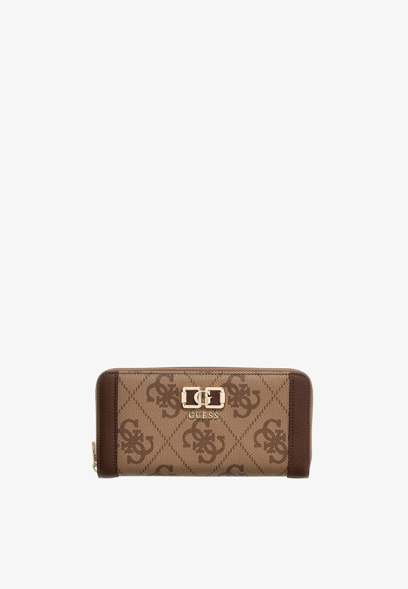 Portefeuille zippé marron Guess avec motif monogramme et plaque logo dorée sur le devant.
