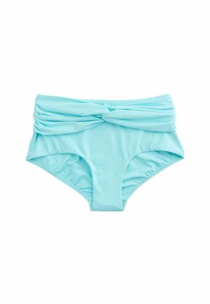 Hellblaue Bikinihose mit hohem Bund und verdrehtem Stoffdetail am Bund, auf weißem Hintergrund dargestellt.