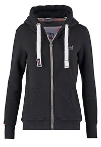Sudadera con cremallera negra, hecha de tejido suave, con capucha forrada, cordones blancos, dos bolsillos frontales y detalles de logotipo.