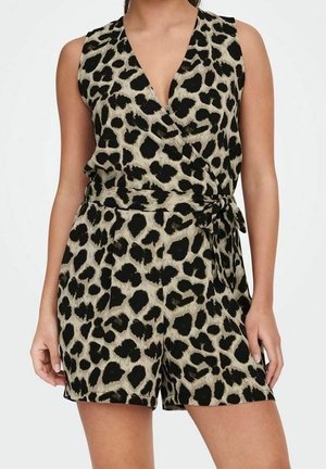 Leopard print romper featuring a deep V-neck, sleeveless design, tie waist detail, and soft fabric with a textured look.