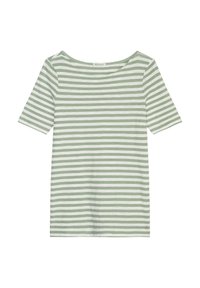 Grün-weiß gestreiftes T-Shirt mit weitem Halsausschnitt, kurzen Ärmeln und weicher Textur. Mit einem kleinen Logodetail am Saum.