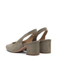 Slingback topánky v svetle šedej z semišu s okrúhlou špičkou a vyrezávaným dizajnom. Obsahujú blokový opätok a textúrovanú vnútornú stielku.