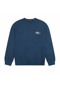 Sudadera azul oscura con mangas largas, puños y dobladillo acanalados, que presenta un pequeño logo bordado en blanco en el pecho. Material de algodón suave.