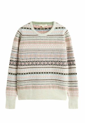 Knitted pullover sweater featuring a light cream base with multicolored geometric and stripe patterns in pink, blue, and green hues.