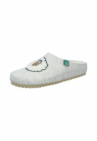 Gray felt slippers with a sheep design on the front, beige rubber sole, and plush interior for comfort. Lightweight and slip-on style.