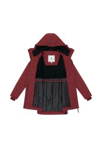 Veste imperméable bordeaux avec une doublure intérieure en polaire noire, dotée d'une couche inférieure noire texturée et d'une étiquette de poche.