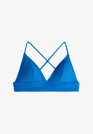 Blauwe driehoek bralette met kruislings straps. Gemaakt van gestructureerde stof, met een naadloze band en een gladde afwerking in het midden.