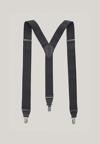 Czarne szelki w jodełkę z skórzanymi akcentami i metalowymi zatrzaskami, charakteryzujące się kształtem litery Y i regulowanymi paskami.