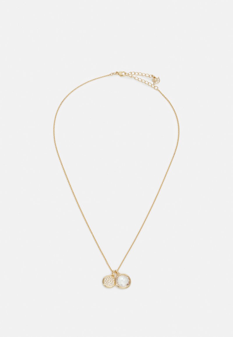 Colier din aur cu două pandantive: unul rotund cu o piatră transparentă, celălalt circular cu un model texturat. Lanț cu lungime reglabilă.