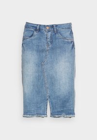 Denim skirt in light blue, knee-length with a straight cut. Features frayed hem and classic 5-pocket design. Button and zipper closure.