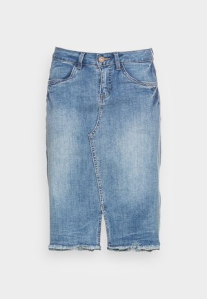 Light blue denim knee-length skirt with front slit, frayed hem, button closure, and front pockets.