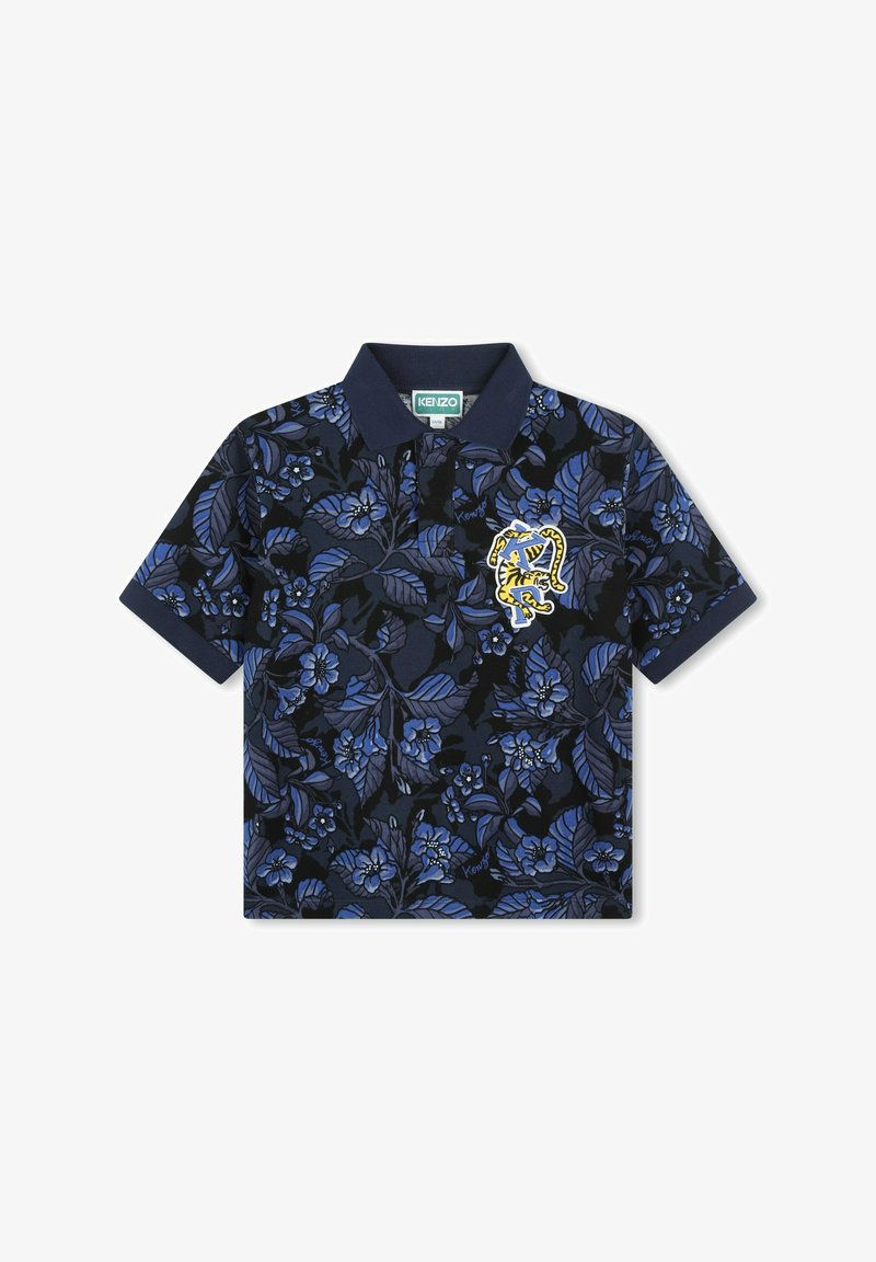 Marineblauwe polo met bloemmotief in tinten van blauw. Heeft een klassieke kraag en geborduurd logo op de borst. Korte mouwen.