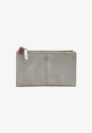 Szara skórzana portmonetka o gładkiej fakturze, wyposażona w zamek błyskawiczny i ozdobny akcent z koralików w kolorze fioletowym i pomarańczowym na suwaku.