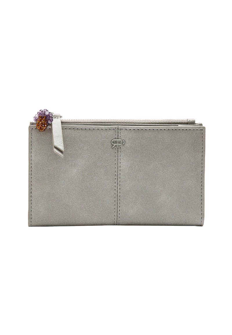 Szara skórzana portmonetka o gładkiej fakturze, wyposażona w zamek błyskawiczny i ozdobny akcent z koralików w kolorze fioletowym i pomarańczowym na suwaku.