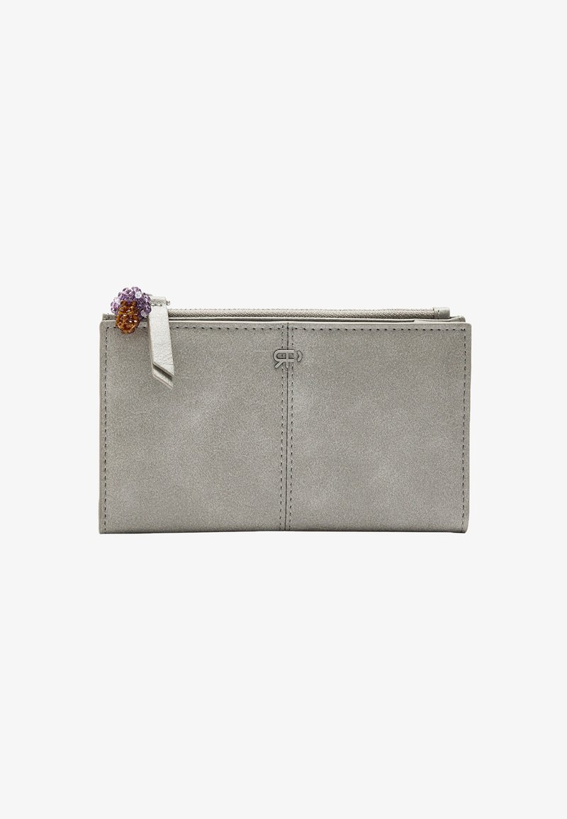Szara skórzana portmonetka o gładkiej fakturze, wyposażona w zamek błyskawiczny i ozdobny akcent z koralików w kolorze fioletowym i pomarańczowym na suwaku.