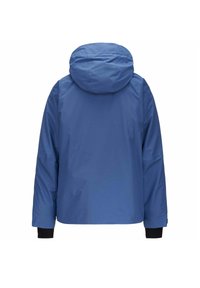 Giacca impermeabile blu con cappuccio, caratterizzata da una vestibilità comoda, maniche lunghe e polsini neri. Texture liscia e design minimalista.