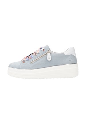 Blue suede sneaker with a white heel and platform sole. Features colorful patterned laces and a side zipper for easy access.
