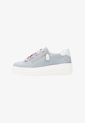 Blue suede sneaker with a white heel and platform sole. Features colorful patterned laces and a side zipper for easy access.