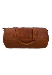 Brūns ādas sporta soma ar noapaļotu formu. Aprīkota ar divām izturīgām rokturām, noņemamu siksnu un rāvējslēdzēju. Gluda tekstūra ar redzamām šuvēm.