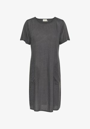 Hallhalli linane kleit lühikeste varrukatega, ümmarguse kaelusega ja külgtaskutega; kerge tekstuur; põlvepikkune ja lihtsa, puhta disainiga.