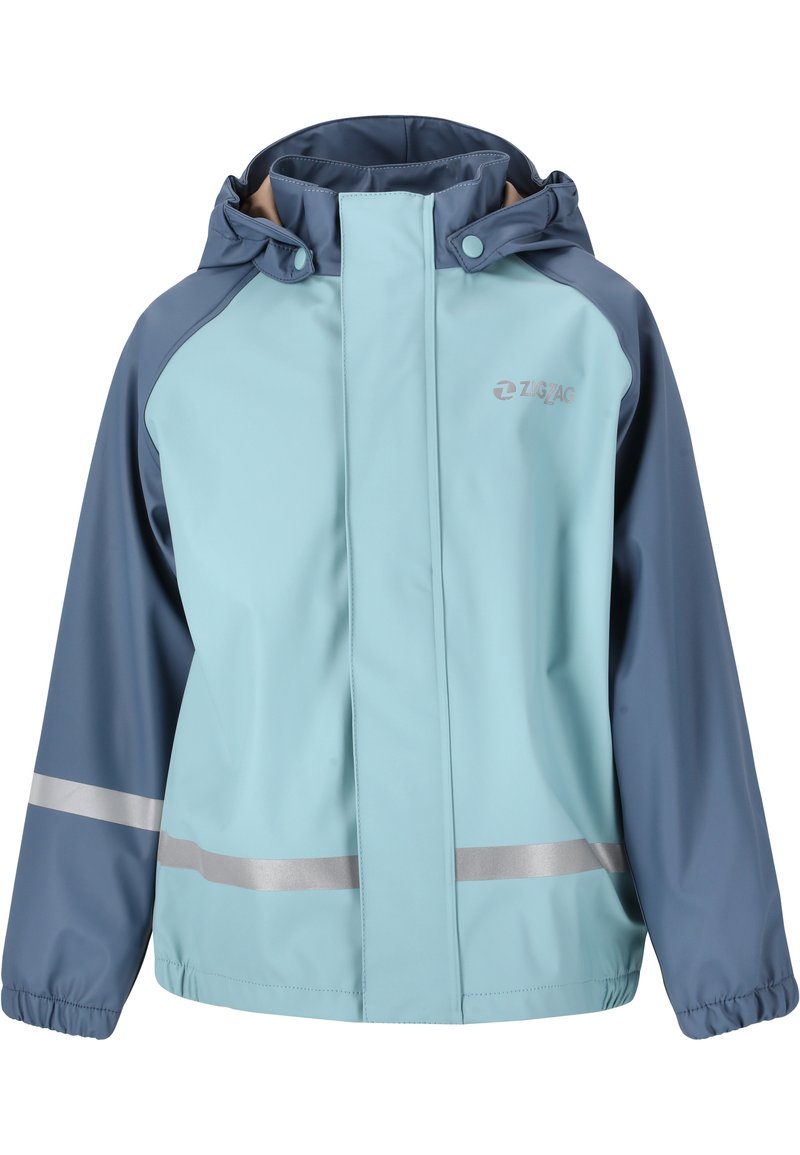 Wasserdichte Jacke in Hellblau und Dunkelblau, mit einem hohen Kragen, Frontreißverschluss, elastischen Bündchen und reflektierenden silbernen Streifen.