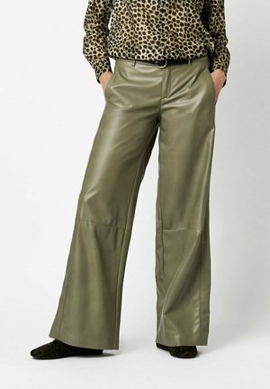 Olive green faux leather wide-leg trousers with a smooth texture, featuring a high waist and subtle seam detailing for added structure.