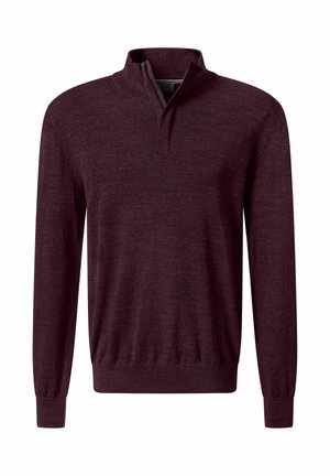 Bordeauxfarbener Pullover mit halbem Reißverschluss am Kragen, langen Ärmeln und gerippten Bündchen. Hergestellt aus weichem Stoff mit glatter Textur.