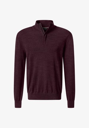 Bordeauxfarbener Pullover mit halbem Reißverschluss am Kragen, langen Ärmeln und gerippten Bündchen. Hergestellt aus weichem Stoff mit glatter Textur.