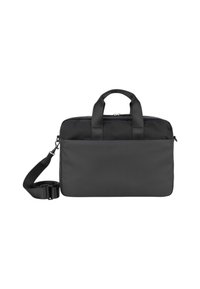 Bolsa de portátil rectangular negra con asas dobles, correa de hombro desmontable y bolsillo frontal sobre un fondo blanco.