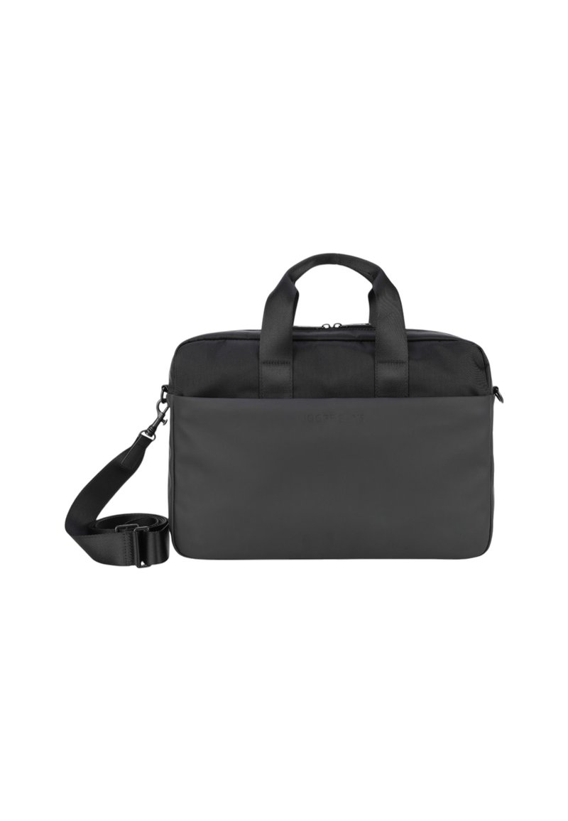 Bolsa de portátil rectangular negra con asas dobles, correa de hombro desmontable y bolsillo frontal sobre un fondo blanco.