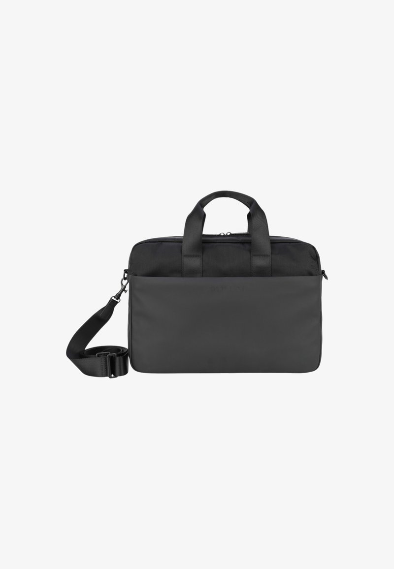 Bolsa de portátil rectangular negra con asas dobles, correa de hombro desmontable y bolsillo frontal sobre un fondo blanco.