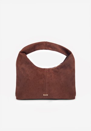 Brown suede handbag with a rounded handle, soft texture, vertical stitching, and gold "RAID" logo on the front center.