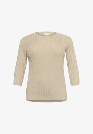 Beige ribbet striktrøje med trekvart ærmer og rund halsudskæring. Har en glat overflade og en afslappet pasform.