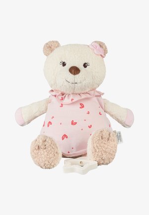 Plush teddy bear with cream-colored fur, wearing pink dress with red hearts, a matching bow on ear, and a white star-shaped teething toy.
