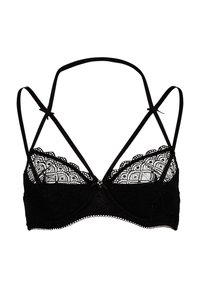 Fekete csipke bralette fodros szélekkel, állítható pántokkal és virágmintával. Középen díszítő masni található.