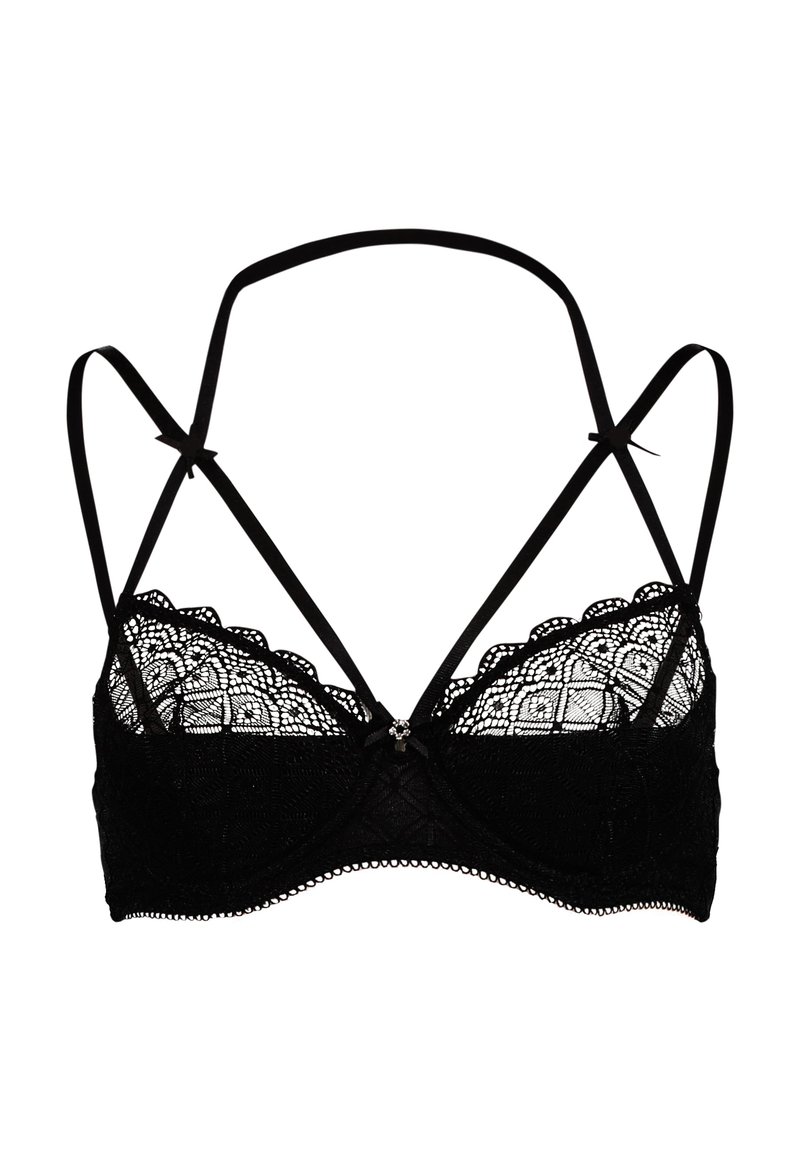 Zwarte kant bralette met golvende randen, verstelbare banden en een bloemenpatroon. Heeft een decoratieve strik in het midden.