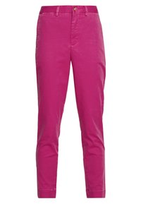 Pantaloni in cotone rosa aderenti con una texture liscia, gambe strette, chiusura con bottone e tasche frontali.