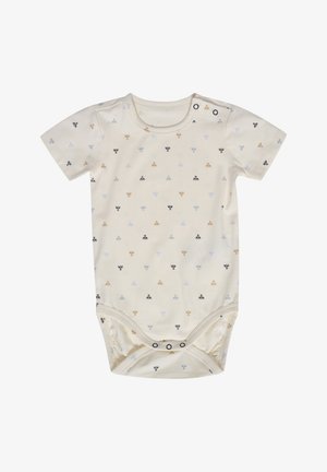 Bodysuit z krótkim rękawem w kremowym kolorze, wykonany z bawełny, z małymi, wzorzystymi motywami w kolorze czarnym, niebieskim i złotym. Posiada zatrzaski na ramieniu i dole.